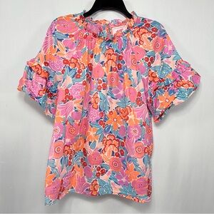 Floral Banjanan Pink Orange Blue Cotton Ruffle Blouse Top Size L Large
